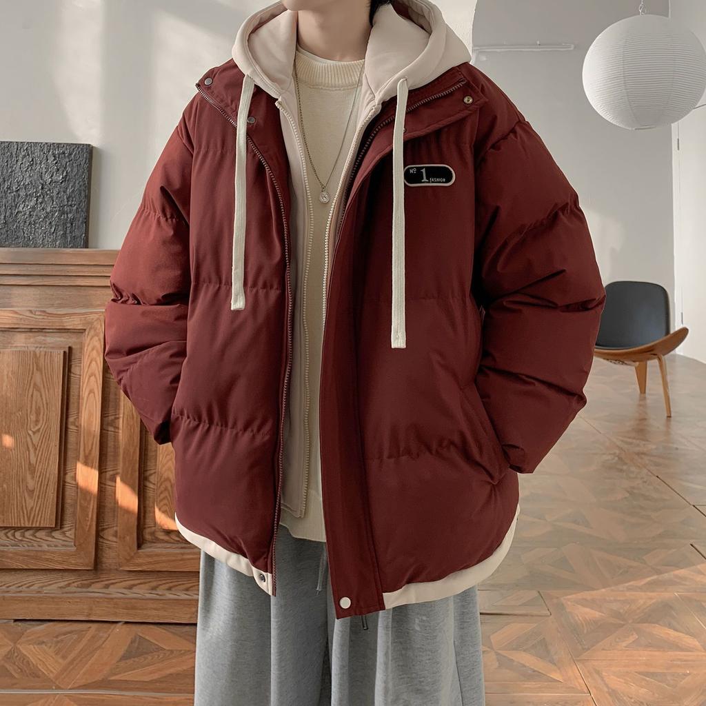 Zimní prošívaná mikina s kapucí, design falešného dvoudílného vzhledu, smysl pro design, dámské oblečení ve stylu chleba, korejská verze, silné teplé kabáty