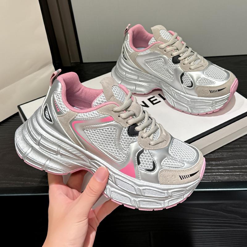 Autumn new silver sneakers heightened platform dad shoes mesh casual running shoes