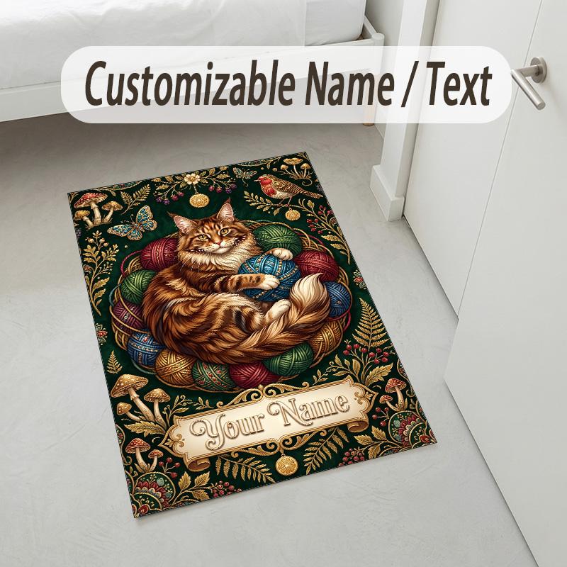 Cat Theme Crystal Velvet Rug Personalized Custom Name Text Soft Floor Mat Home Decor