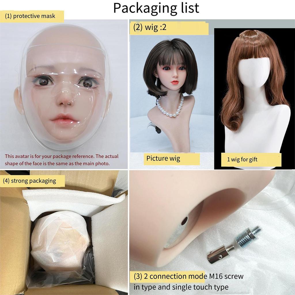 100% Silicone Sex Doll Head Standard Wig Suitable for 130-180CM Solid Dolls Body M16 and Standard Bolts 2 Connection Methods GJ-TF007