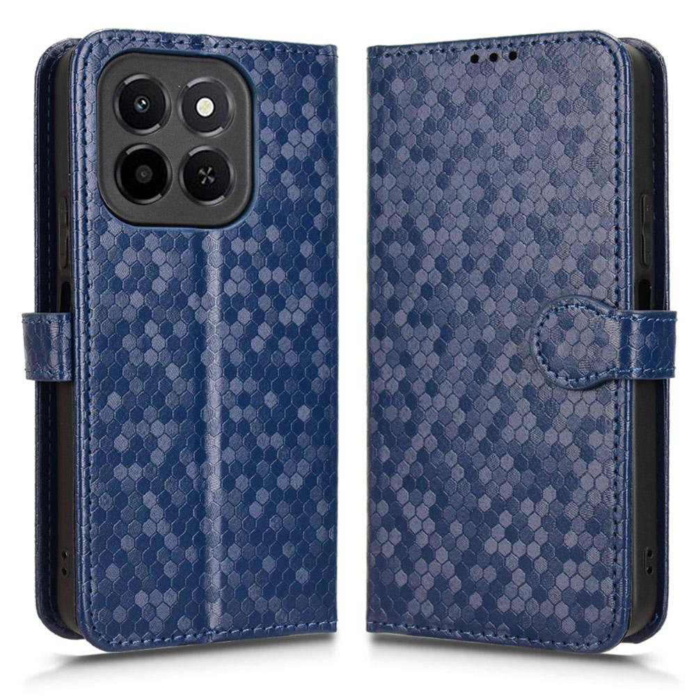 

For Honor X6c 4G Wallet Case Dot Pattern Imprint PU Leather Phone Cover with Wrist Strap Dark Blue