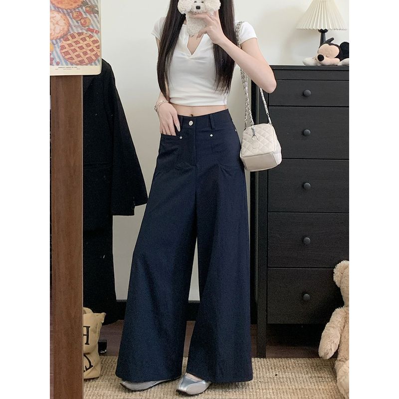 

Kumikumi Stylish Loose Slim Looking High Waist Casual Pants Women s Autumn Easiest for Match Drooping Straight Pants Cropped Pants Navy blue L