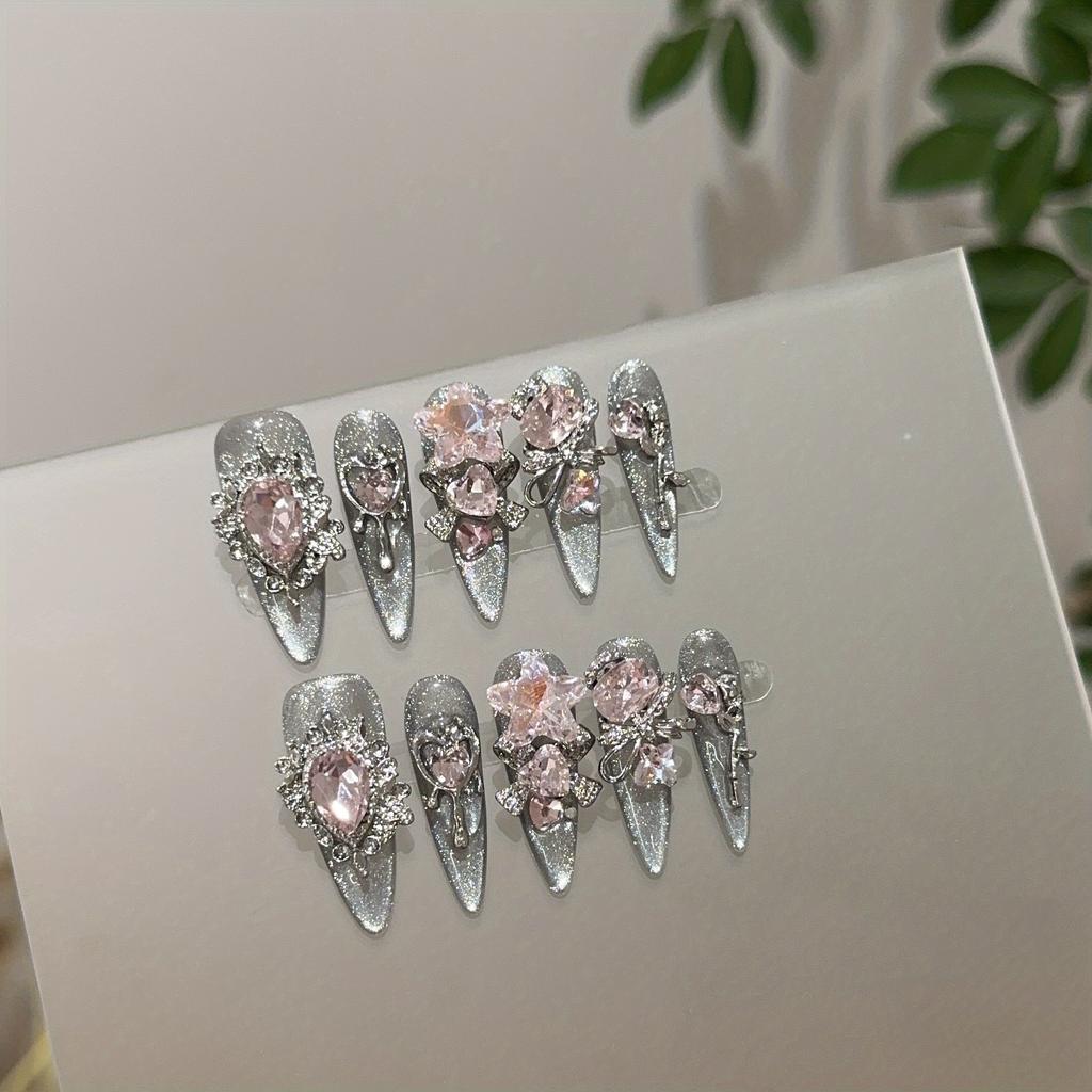 1set of High-end Transparent Black and Silver Cat's Eye Long Nail Art Tablets, Heavy Industry Pink Diamond Long Pointed Fake Nail Patches