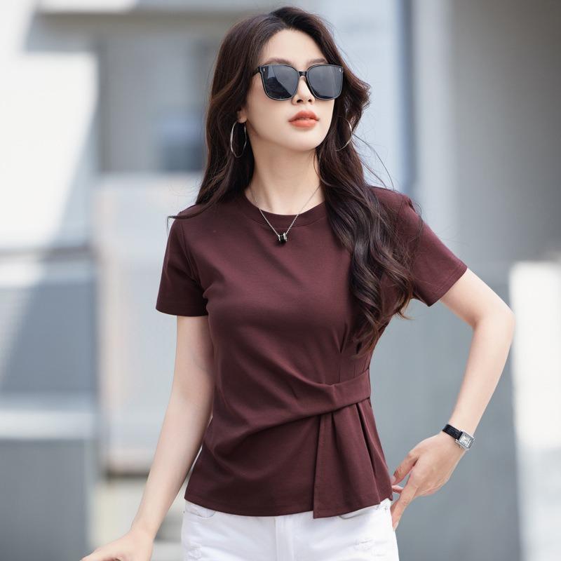 Foreign style short-sleeved t-shirt for women, summer new women's clothing solid color round neck half-sleeved fashionable pleated high-end top