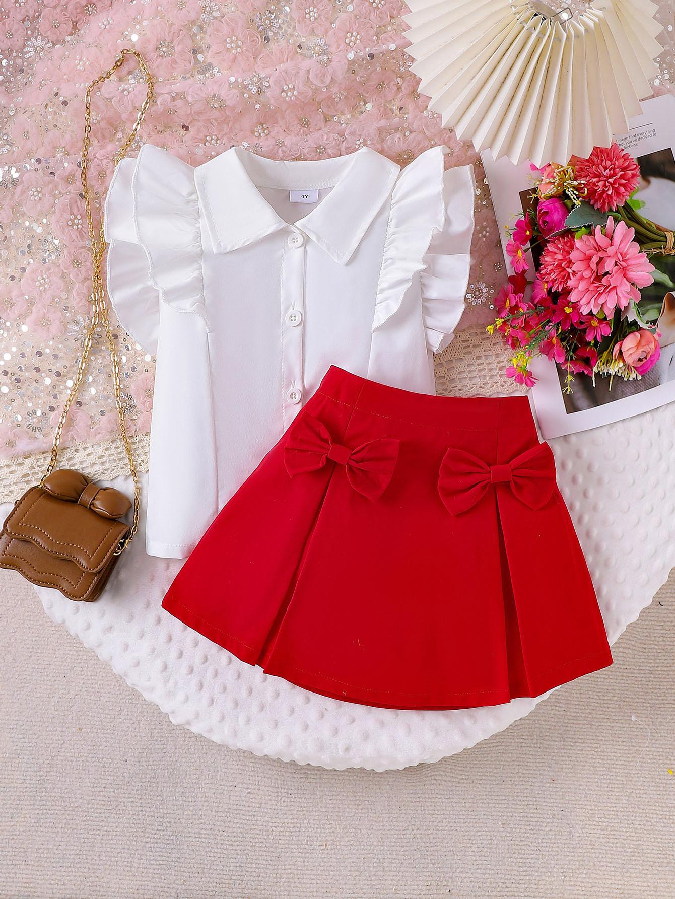 

Милый костюм для девочек, летний детский повседневный костюм с кружевными рукавами и юбкой-бантом 2-3Y красный