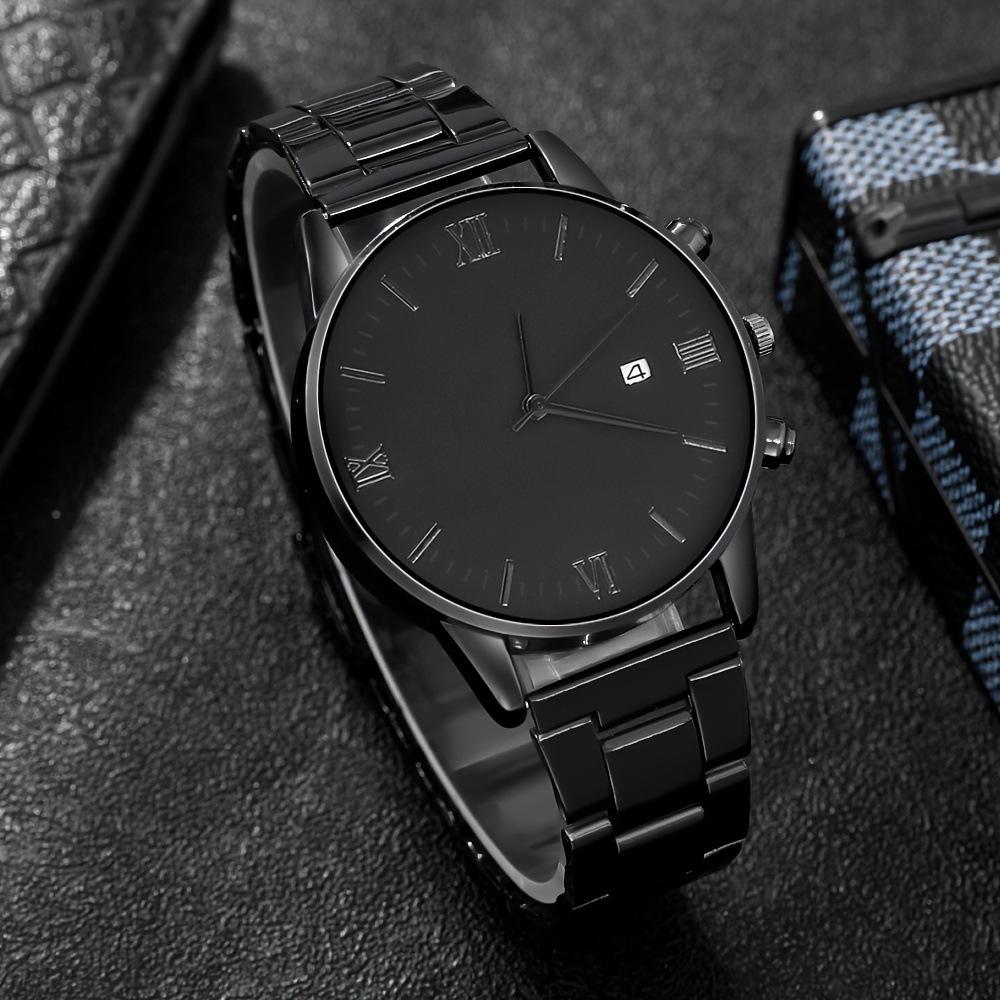 Men's Trend Roman Numeral Fashion Watch 4 Pieces/Set Men's Black Minimalist Quartz Watch Set