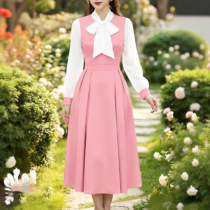 ZANZEA Women Casual Bows Collar Splice Long Sleeve Loose Dress M розовый