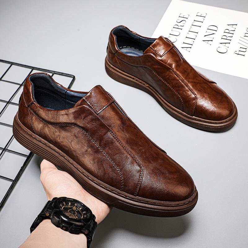 Men's Casual Slip-on Leather Loafers - British Style, Elastic Band, Versatile Youthful Design, White.
