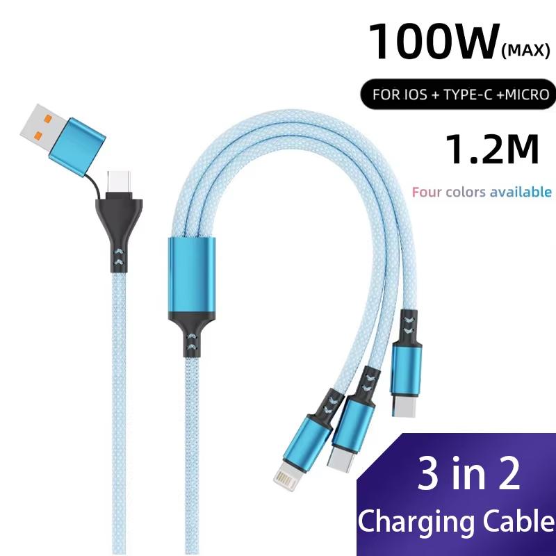 100W 3-in-1 Charging Data Cable Type-C Micro USB Dual Port Cord Fast Charge for USB Powered Devices Durable Sync Charger Line