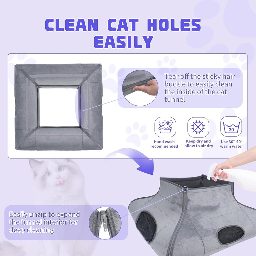 Indoor Cat Cave Bed, Scratch-Resistant Tunnel with Removable Pad, Gray, for Small To Medium Cats