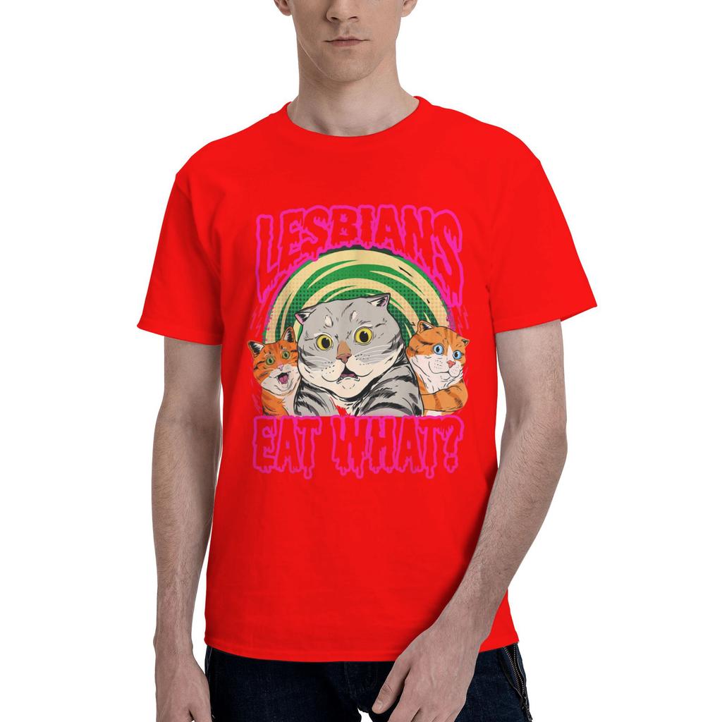 Lesbians Eat What Funny Cats Love Cute Men T Shirts  Casual Tees Short Sleeve Crewneck T-Shirt Cotton Gift Idea Clothing