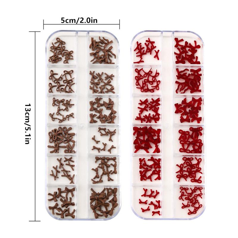12 Grids/Box Bow Nail Art Decorations 3D Red Brown Bowknot Resin Charms Jewelry Diy Manicure Decoration Supplies Accessories