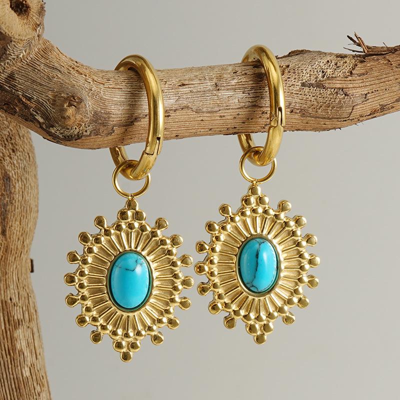 Stainless Steel Blue Turquoise Sunflower Earrings – Simple Retro Design for Women