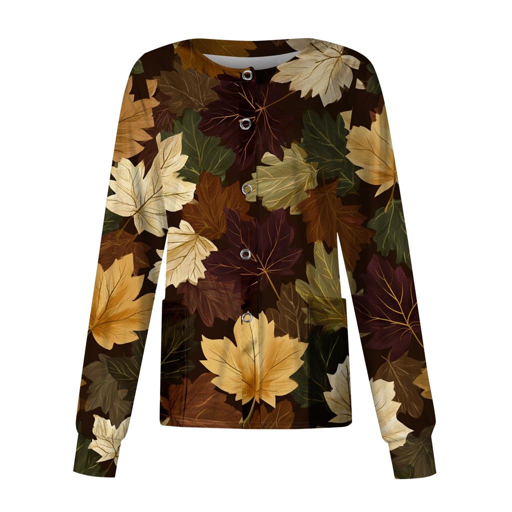 Women's Casual Long Sleeve Cardigan Top with Leaf Floral Print for Caregiver Uniform