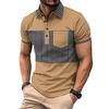 Fashionable Men's Casual Polo Shirt with Pocket Button, Long Placket, Collar, Striped Colour-Blocked Patchwork T-Shirt