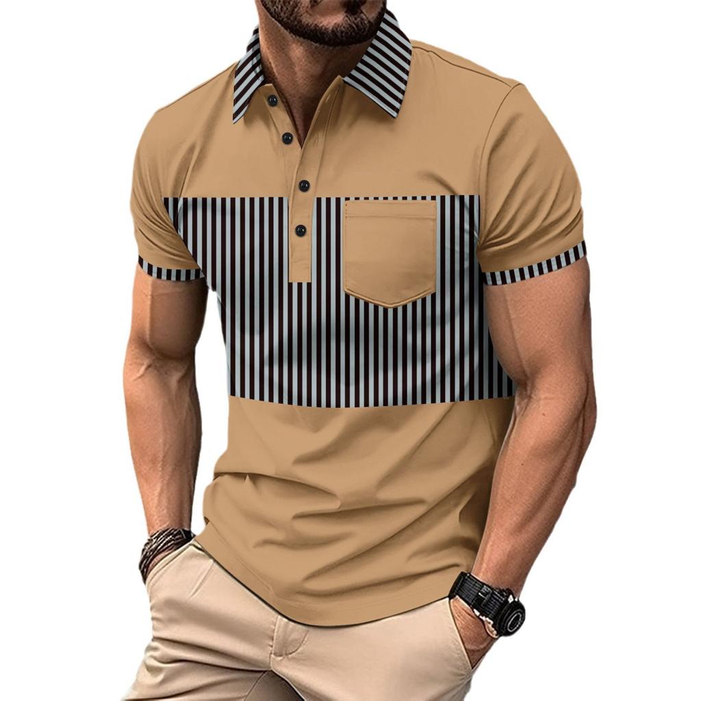 Fashionable Men's Casual Polo Shirt with Pocket Button, Long Placket, Collar, Striped Colour-Blocked Patchwork T-Shirt