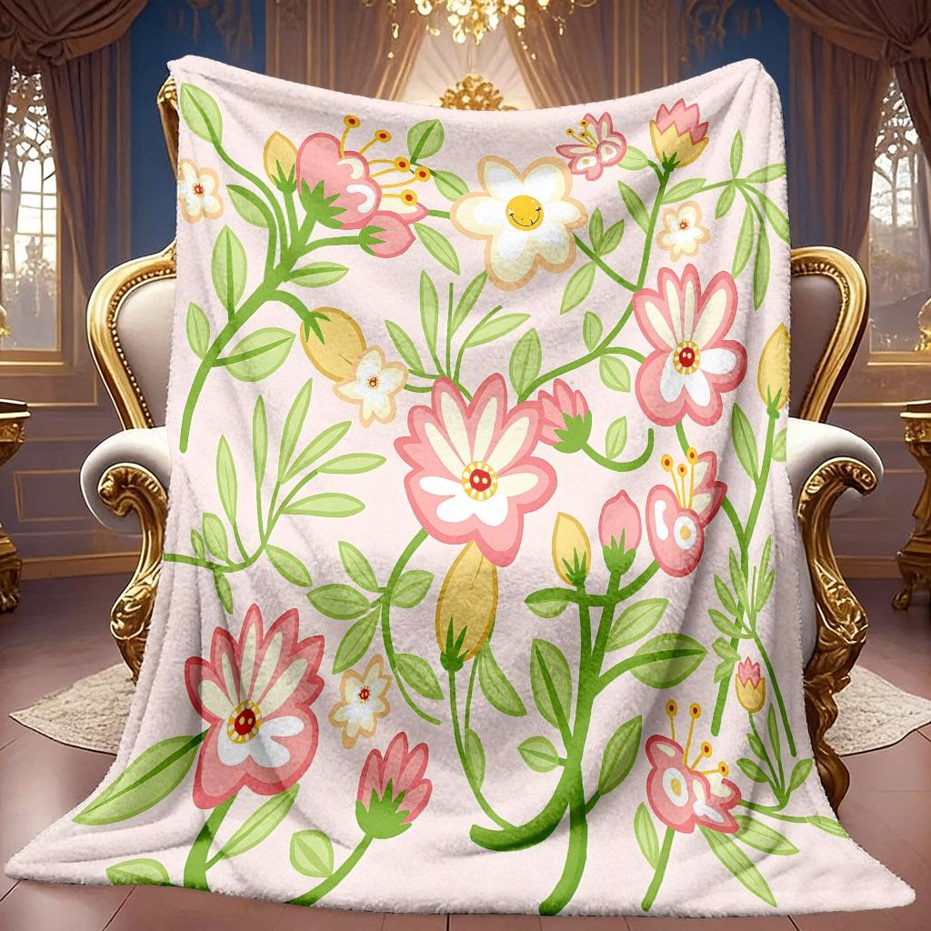 A 2D Flannel Blanket with a Pink Small Floral and Green Leaf Themed Pattern, Featuring Soft High-definition Digital Printing. This Cooling Blanket Is