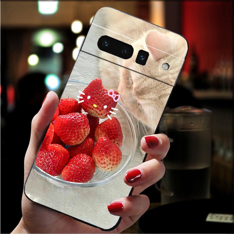 For Google Pixel 10 9 Pro XL Silicone Phone Soft Case For Google Pixel 9A 8A 7A 6A 5 Cover Shell Strawberry Fruit Cat