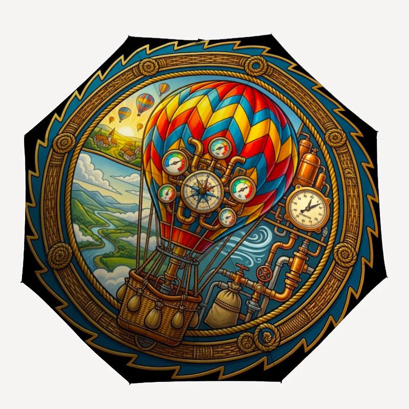 Steampunk Heißluftballon Reise Muster Regenschirm, tragbares und faltbares Design, 8 Speichen, ein lässiges Accessoire für Geburtstagsgeschenke von Freunden.