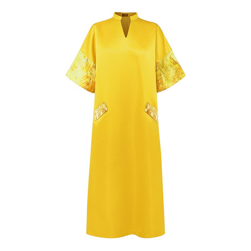 

M-XXXXXL Женское платье-кафтан с V-образным вырезом и коротким рукавом с принтом, повседневное, свободное, с разрезами 5XL жёлтый