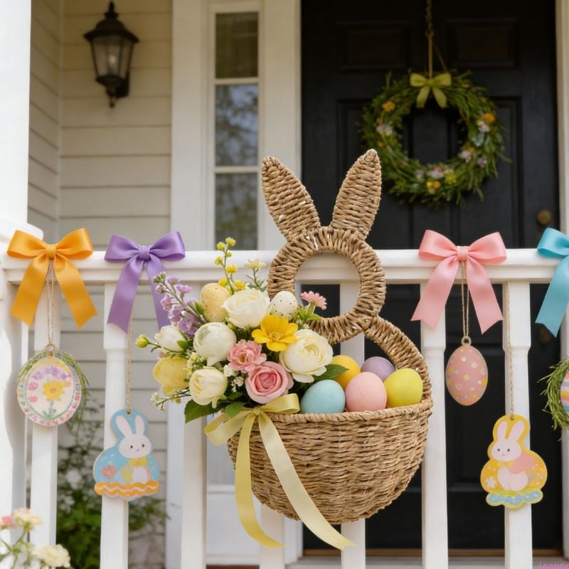 Rabbit Shape Basket Woven Plastic Easter Basket Wall Hanging Ornament For Holiday Decoration Indoor and Outdoor Display
