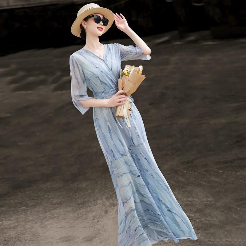 Lanser Elegant V-Neck Ruffle Hem Tea Dress L