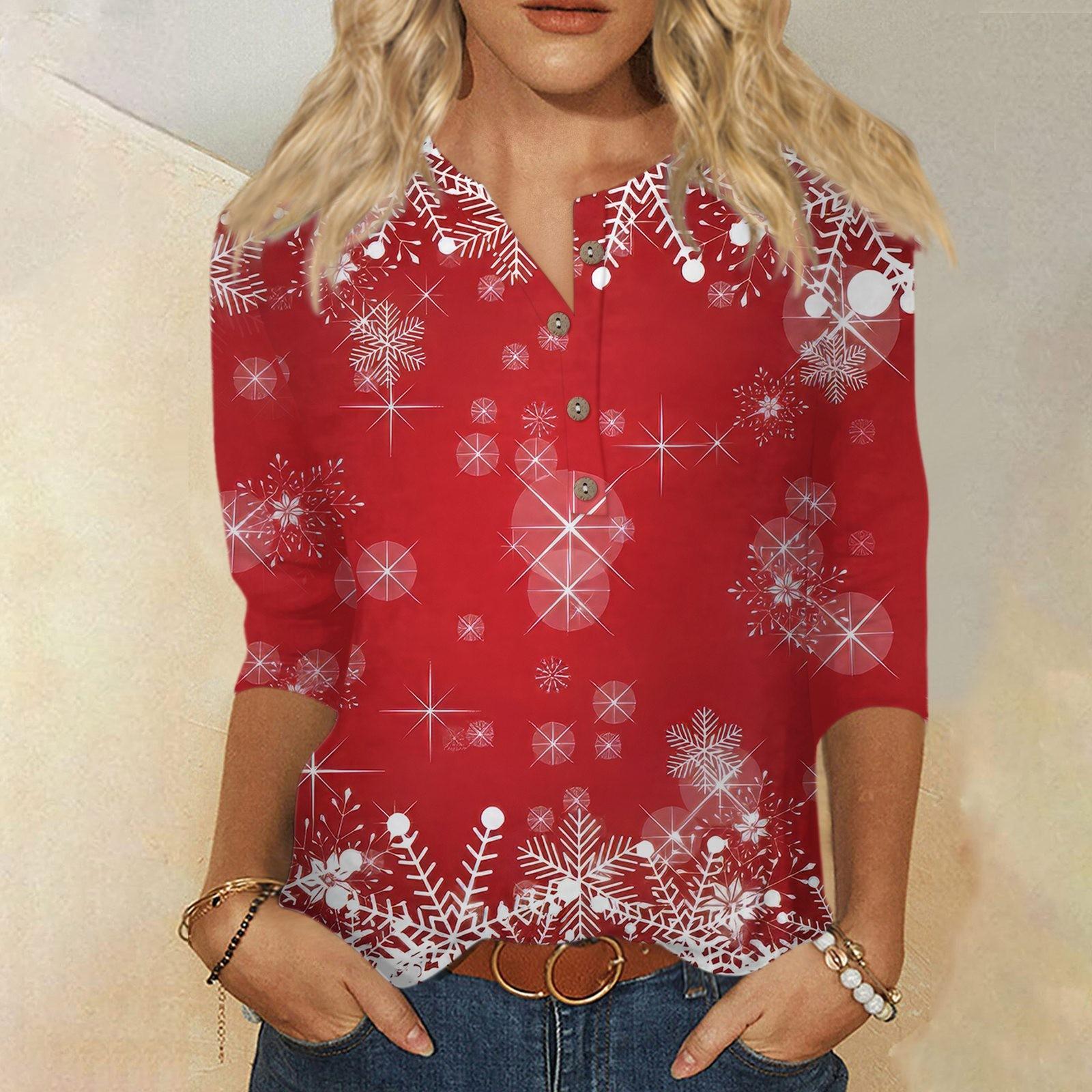 

Женская мода повседневная футболка с круглым вырезом и рукавом 3/4 на пуговицах с рождественским принтом, женская футболка L розовый