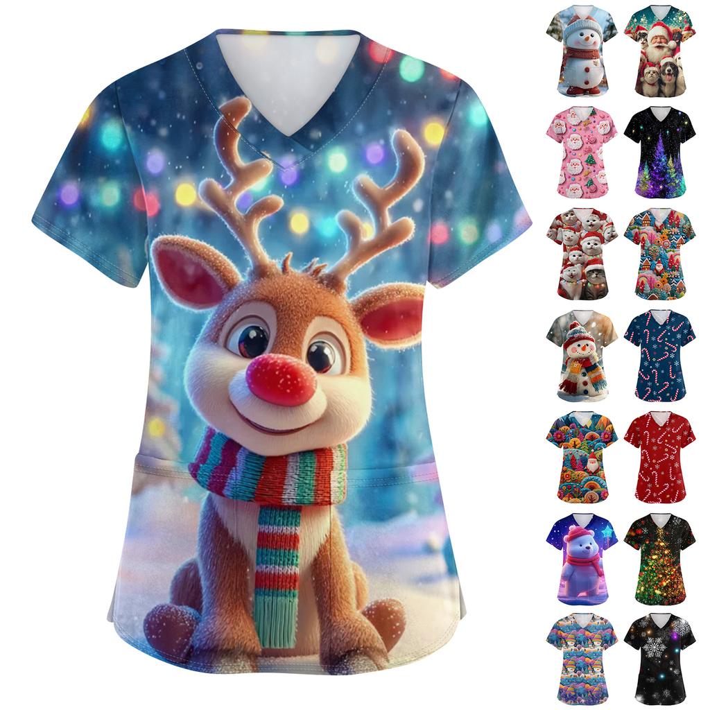 Women's V-neck Christmas printed short-sleeved pocket side-slit protective suit top