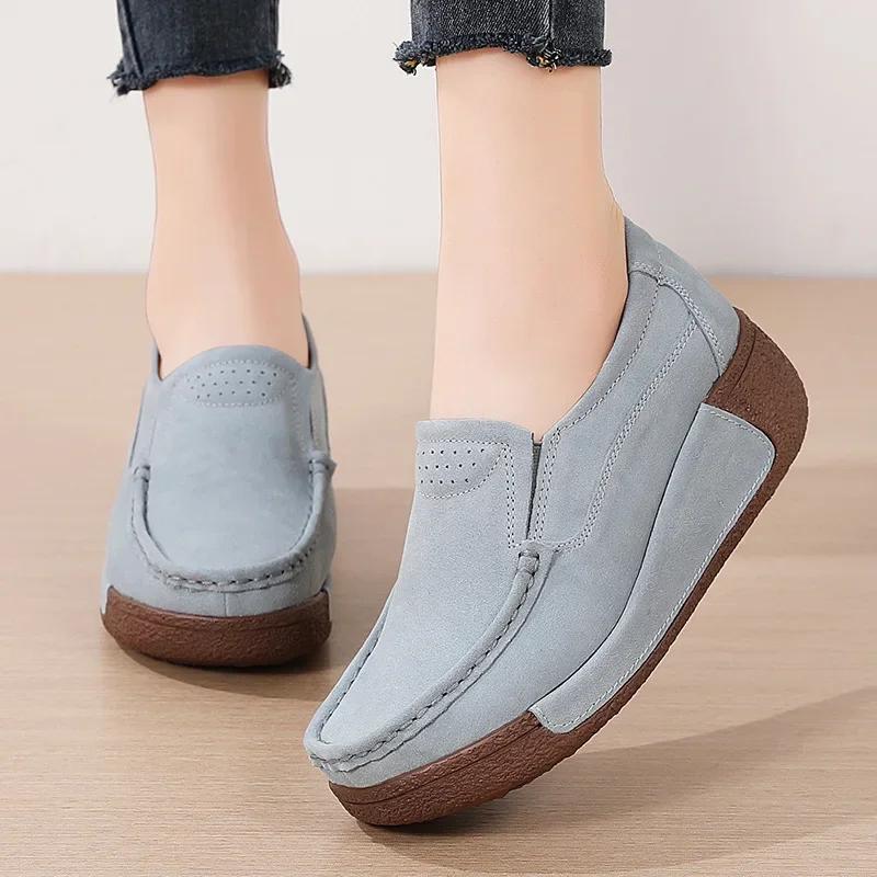 Fashion New Spring Autumn Women Loafers Flats Ladies Genuine Leather Moccasins Fall Slip-on Casual Round Toe Handmade Platform Shoes