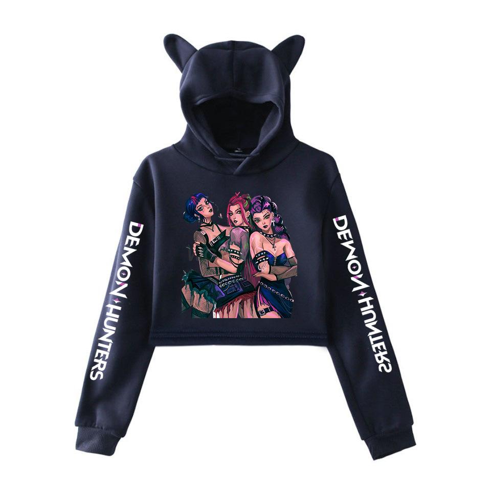 

New Anime Kpop Demon Hunters Print Hooded Fashion Women Girl Sweatshirt Cropped Hoodies Casual Tops Harajuku Cat Ear Sweatshirt XXS темно-синього кольору