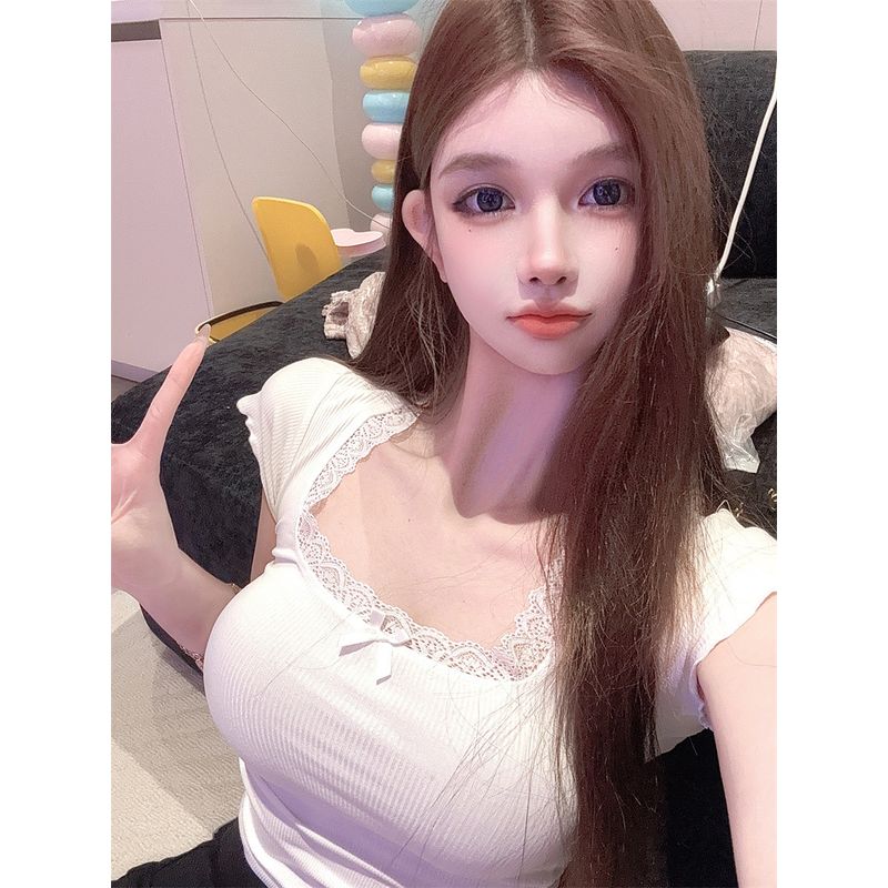 

Pure Desire Style White Lace Lace Bows Short-Sleeved T-shirt Women s Summer New Silm Sexy Sweet and Spicy Short Tops White S