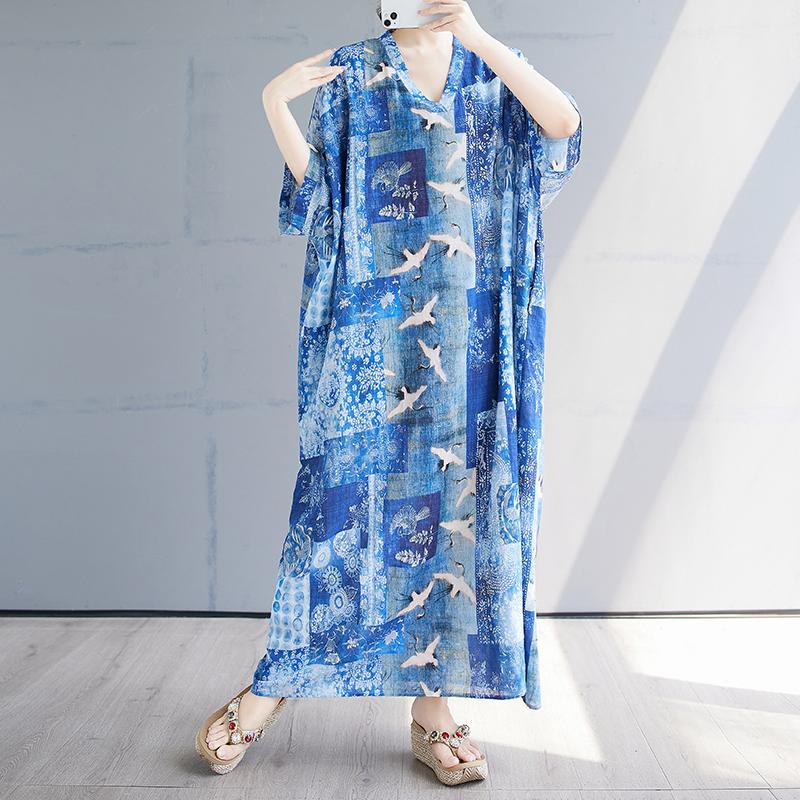 DIMANAF 2025 Summer Plus Size Dress Basic Women Casual Loose Blue Vintage New Long Oversized Dress Maxi