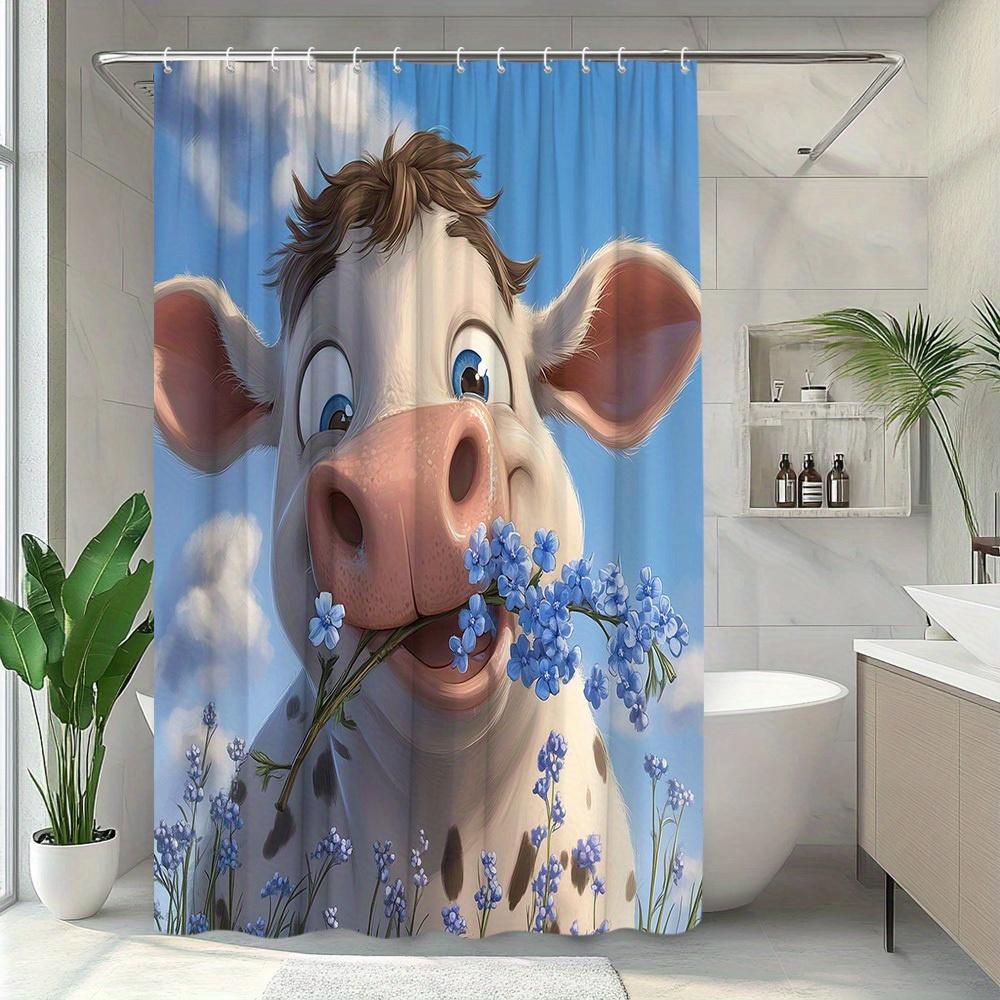 

1pc Animal Shower Curtain, Cute Cow Pattern, Rustic Farmhouse Style with Floral Blue Sky Background, Suitable for Bathroom Decor 90x180cm