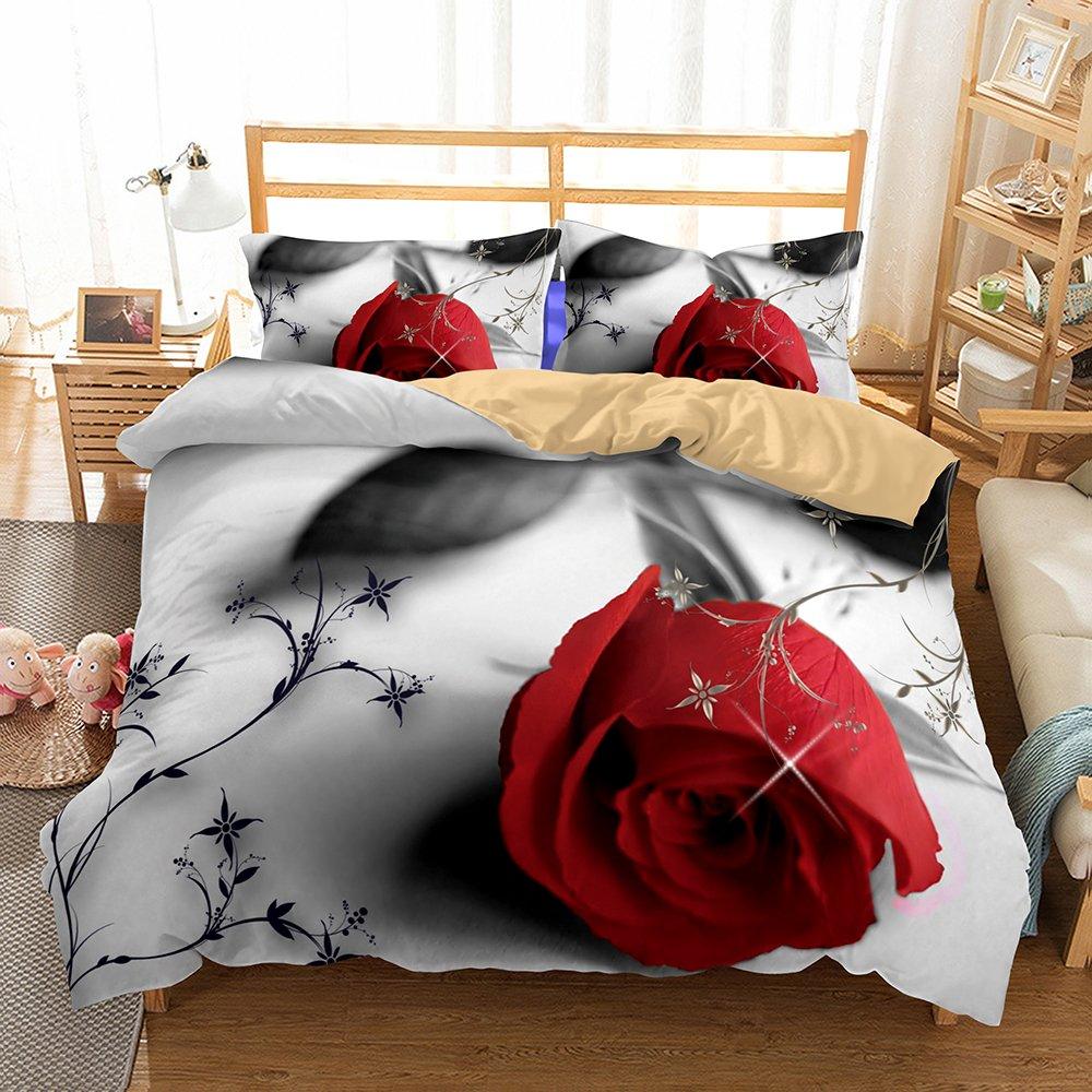 Rose Duvet Cover QueenRomantic Floral Bedding Set for Girls CoupleBlossom Flowers Quilt Cover Valentine's Day Bedspread Cover
