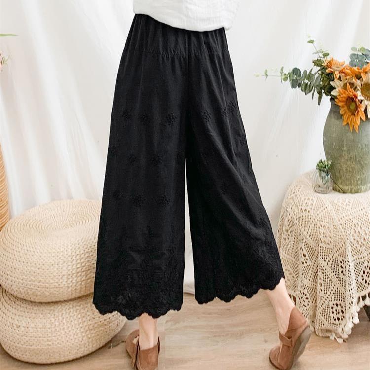 Pantaloni de vară noi artistici cu dantelă ajurată din bumbac, pantaloni scurți, pantaloni casual largi, pantaloni drepți brodați pentru femei