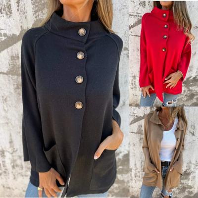 Women's Fall and Winter Plus Size Pockets Casual Single-breasted Stand-up Collar Jacket