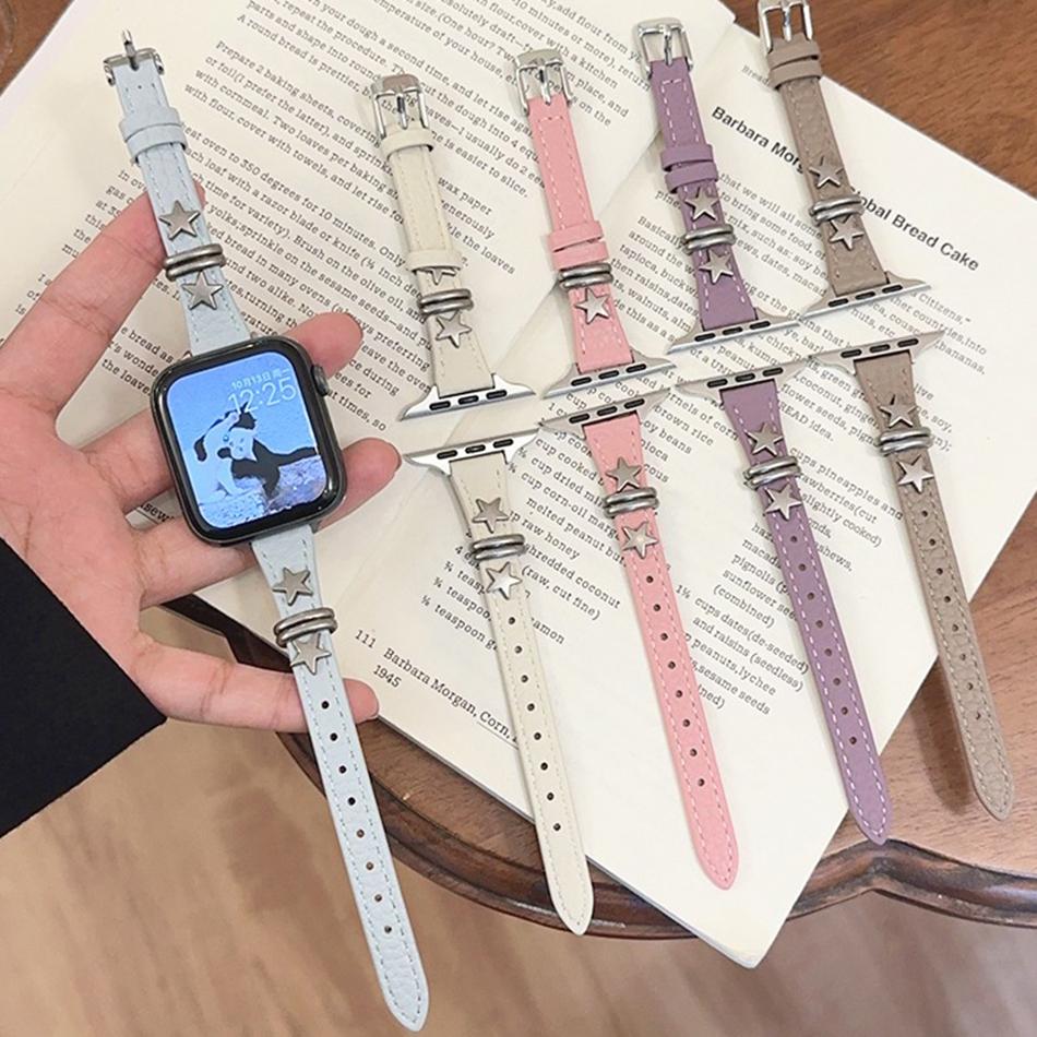 Star Rivet Lychee Leather Bracelet For Apple Watch Band S11/10/9/8/7/6/Ultra iWatch Strap 49/46/45/44/42/41/40/38mm Slim Stylish