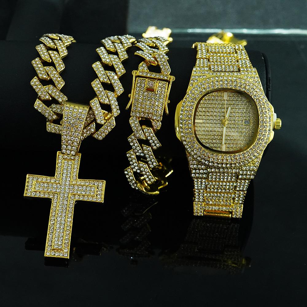 Set Collana Bracciale Catena Cubana Diamantata da Uomo 15mm Hip Hop Moda alla Moda Ciondolo Regina con Collane Catene Moda Complete