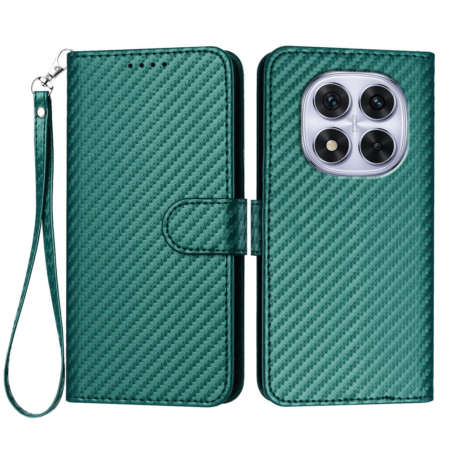 

For Xiaomi Redmi Note 14 Pro 4G Wallet Case with Strap Carbon Fiber Texture Leather Mobile Cover Blackish Green