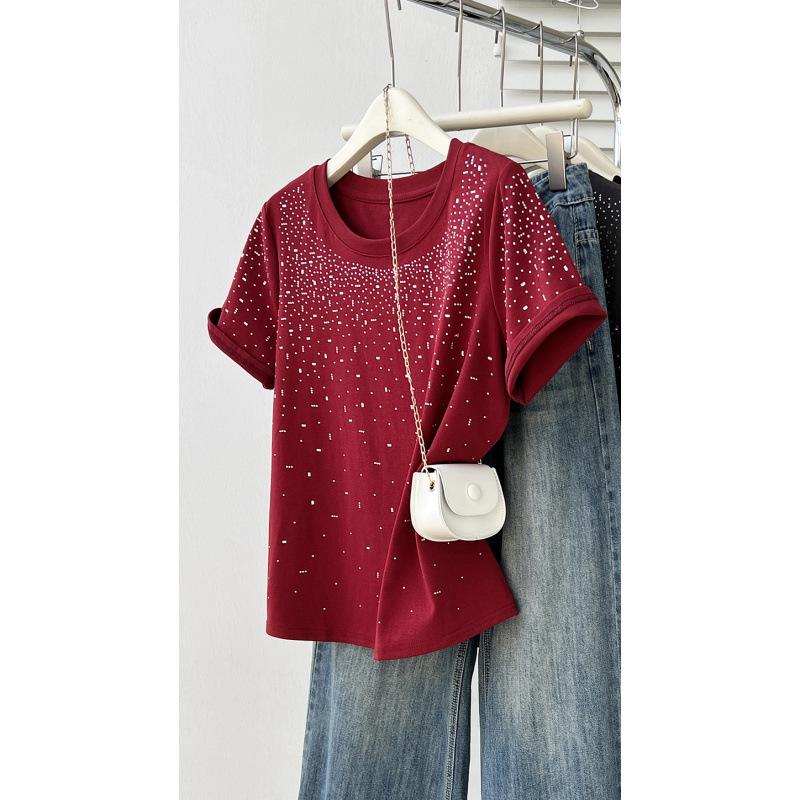 Summer 2026 Plus Size Women's Chic Rhinestone Round Neck Short Sleeve T-shirt