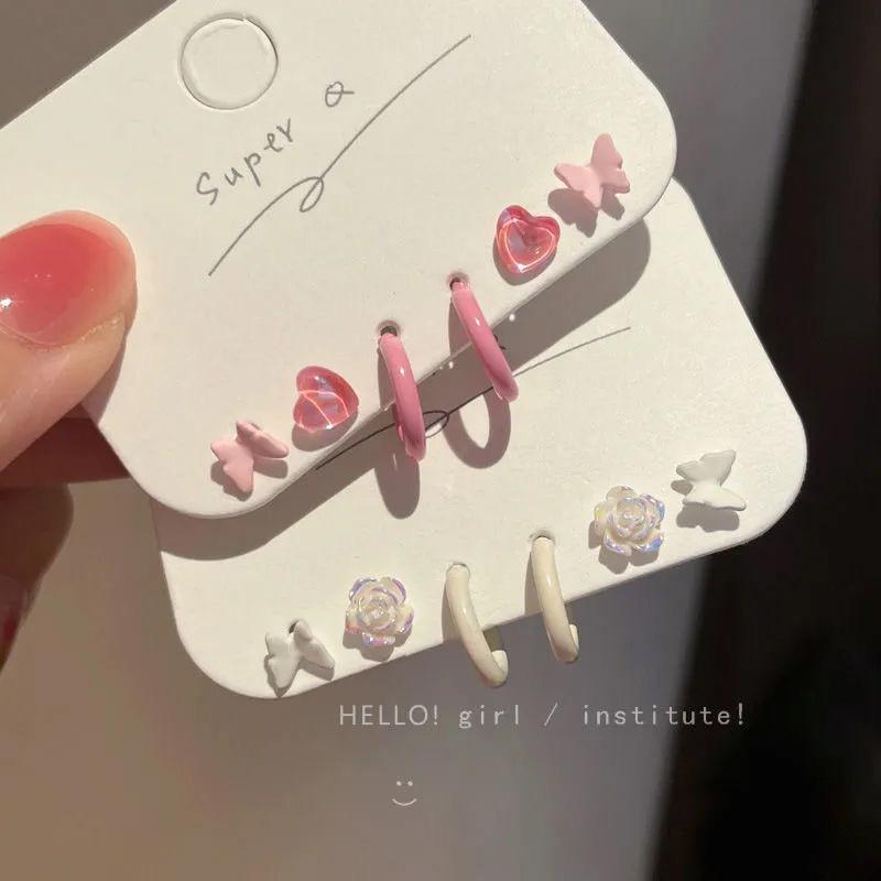 Piercing náušnice IF ME s motýlem pro ženy, růžové srdce, květina, kruhové náušnice C šperky