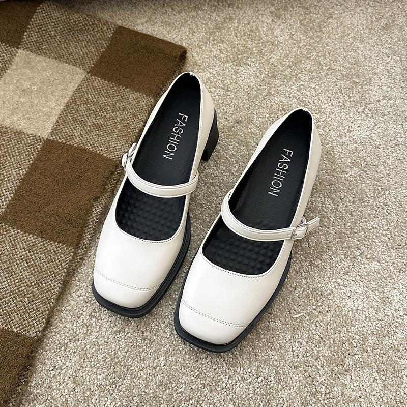 Soft leather with Mary Jane shoes women's thick heel black medium heel small leather shoes square head single shoes
