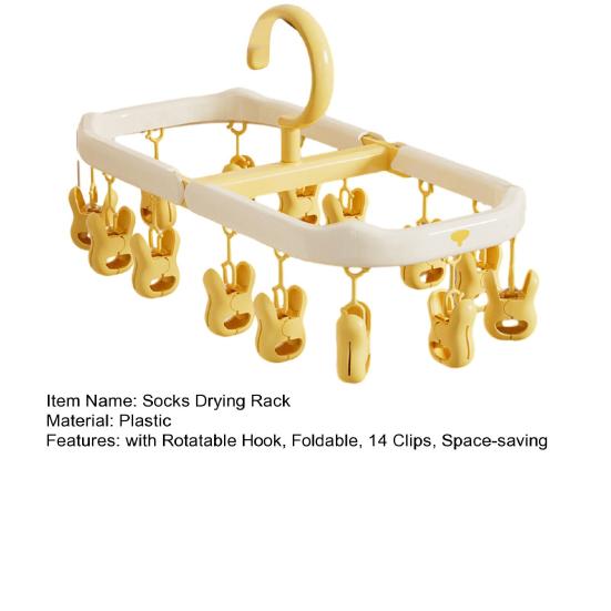 Socks Drying Rack with 14 Clips Foldable Hanging Rack Clothes Drying Rack with 360-Degree Rotatable Hook for Drying Socks