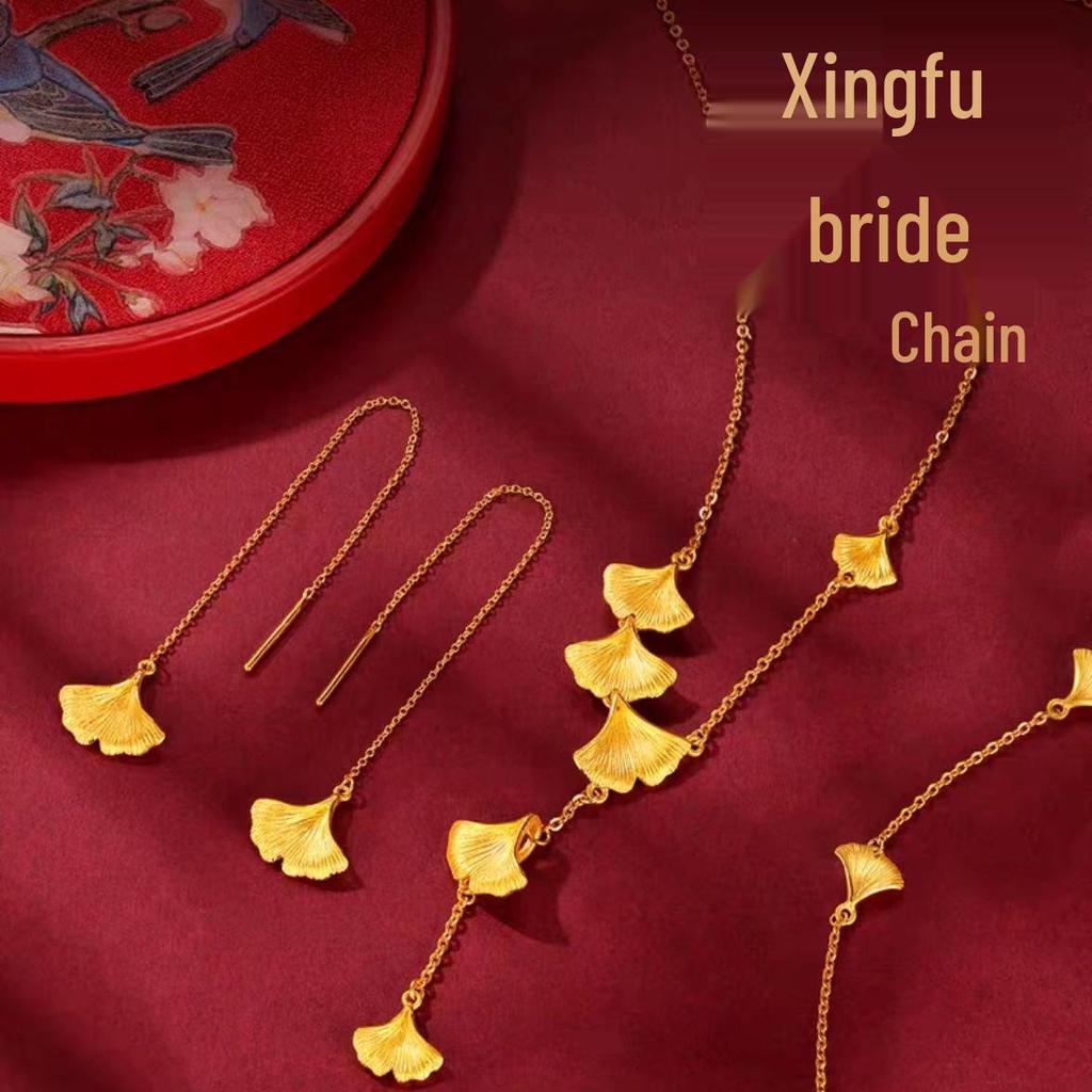 Vietnam Sand Gold Ginkgo Leaf Jewelry Set: Necklace, Bracelet, Ring - Women's Elegant Copper Gold-Plated Design