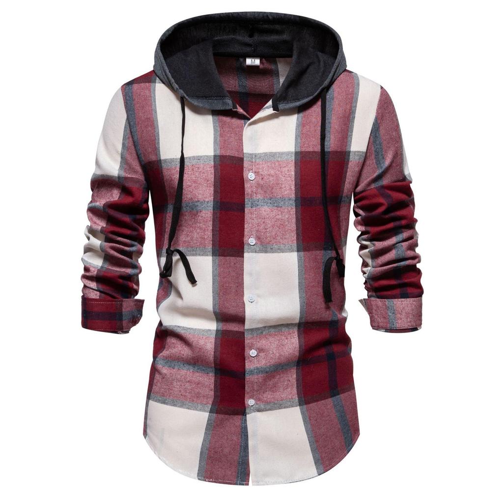 Men's Classic Retro Plaid Shirts Long Sleeve Shirt Jacket with Hood Casual Plaid Shirt for Men Lightweight Work Shirts