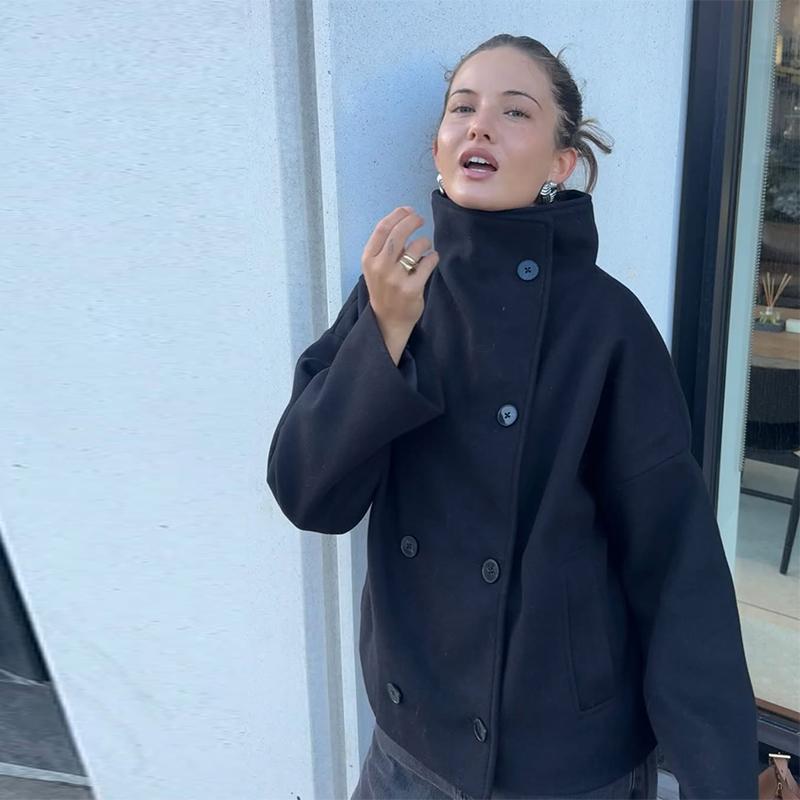 Elegant Women's Coat High Stand Collar Full Sleeve Double Breasted Solid Female Coats 2025 Autumn Fashion High Street Lady Top