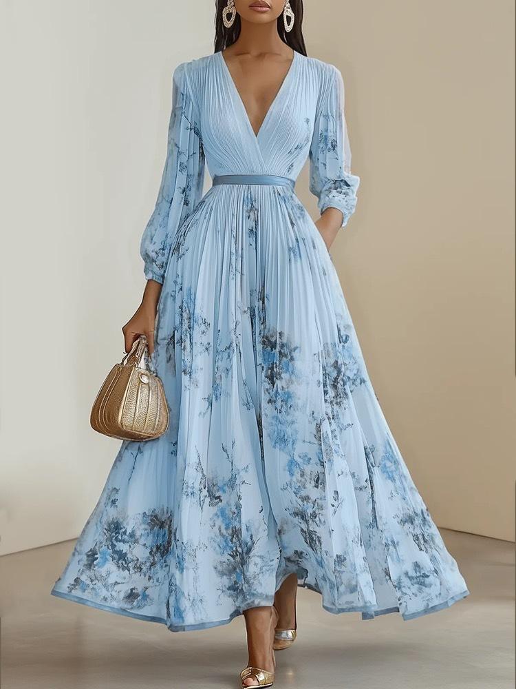 Dames Maxi Jurk met V-Hals, Lange Mouwen en Bloemenprint met Riem, Elegante A-lijn Jurk met Gerimpelde Zoom