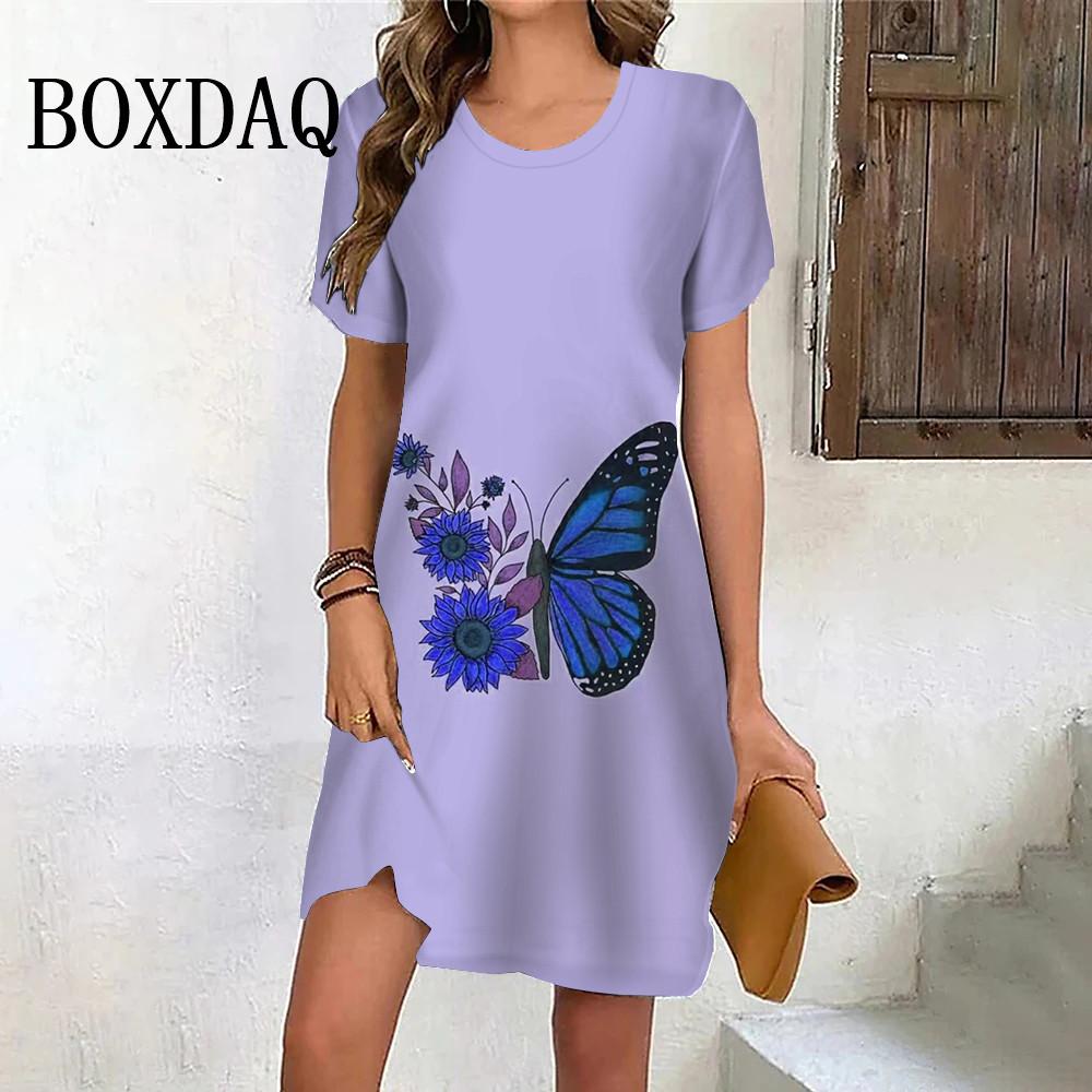 Summer Sweet Butterfly Sunflower Dress Loose Print Women Dress Short Sleeve Casual O-Neck Ladies Clothes