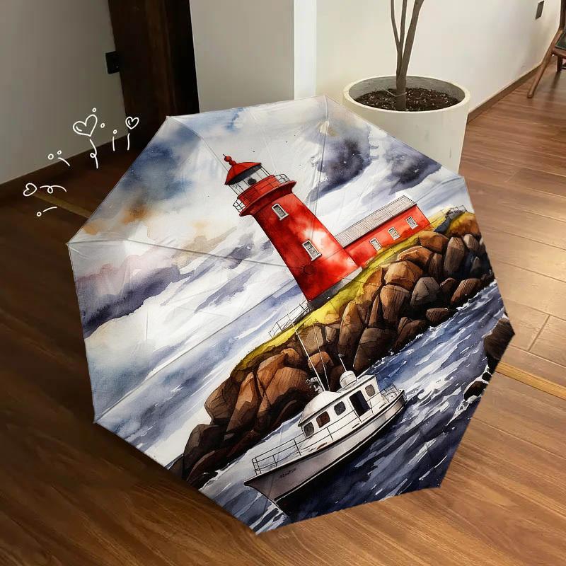 1pc Lighthouse Boat Automatic Folding Umbrella, Heavy Duty 8 Rib Iron Frame,  Suitable for Travel, Daily Use, Birthday, Decor Gift M0105111