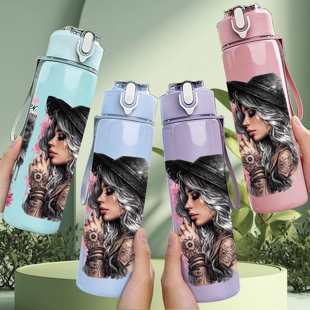 1PC Two Woman Dark Portrait Print 750ml Color Plastic Sports Water Bottle Leakproof Flip Straw Lid Suitable for Sports Office Home Use